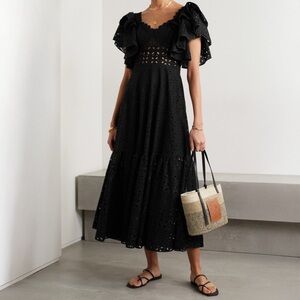 Charo Ruiz Ibiza Linda Ruffled Broderie Anglaise Midi Dress - Size L - Black
